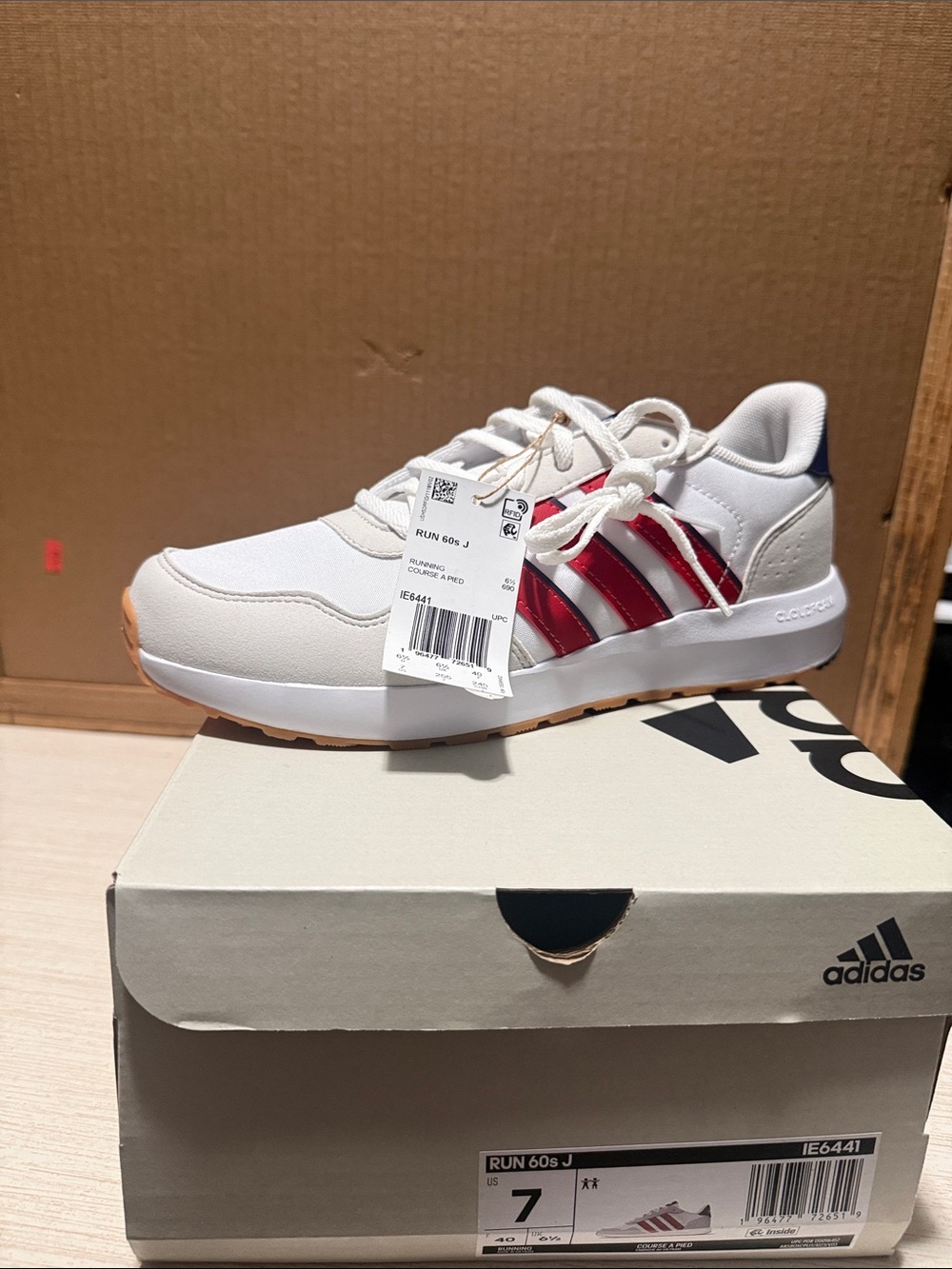 adidas Kids RUN 60’s J  White Sneakers with Red Stripes and Navy Heel
